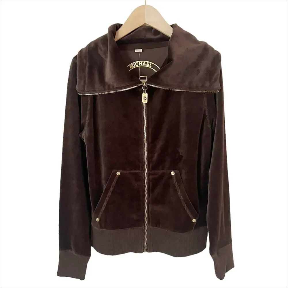 NWT MICHAEL Michael Kors Brown Velour Zip Front Track Jacket Size XS